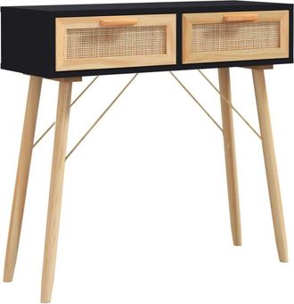 vidaXL Console Table Black 80x30x75 cm Solid Wood Pine&Natural Rattan Vidaxl