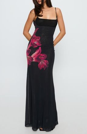 Princess Polly Fiadora Open Back Semisheer Mesh Maxi Dress in Black Floral at Nordstrom, Size 12