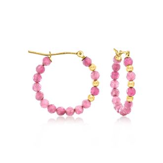 Ross-Simons Pink Tourmaline Bead Hoop Earrings With 10kt Yellow Gold
