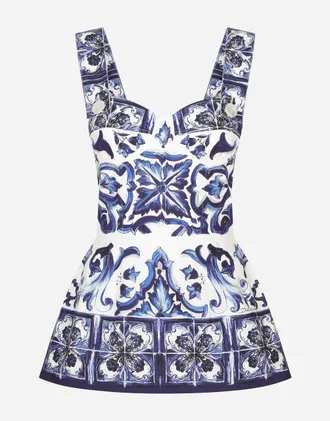 Dolce & Gabbana Majolica-print Poplin Top With Peplum Detail - Woman Shirts And Tops Blue Cotton 38