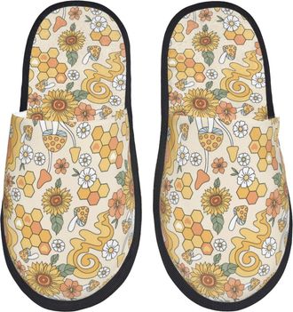 Generic Fleece Slippers Retro 70S 60S Flower Mushroom Cozy Cotton Slippers Portable House Shoes For Indoor Hotel Bedroom M