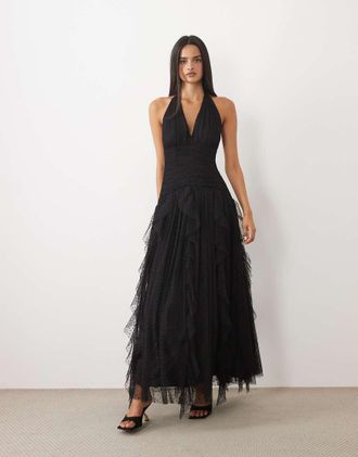 Lace & Beads vestito lungo nero con collo allamericana, volant e gonna in plumetis