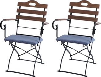 Hhg [nunca Usado] Juego De 2 Sillas De Jard&iacute;n Hhg-122, Silla Plegable, Silla De Jard&iacute;n, Calidad Gastron&oacute;mica, Acacia, Marr&oacute;n Claro, Tapizado Azul