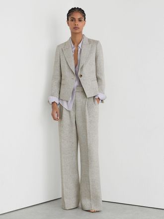 Reiss Neutral Petite Herringbone Linen-blend Cropped Suit Blazer, 14