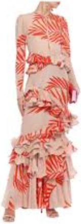 Johanna Ortiz Johana Ortiz Beige and Orange Palm Print Ruffled Silk Maxi Dress Size XS