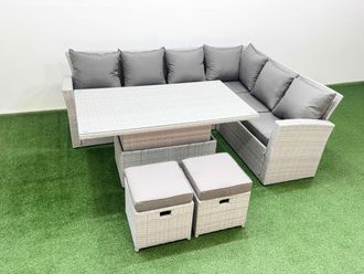 Fimous 8 Seat Rattan Garden Furniture Corner Sofa Set with Chair Footstools in Light Grey
