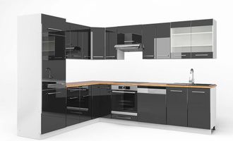 Vicco Cocina Esquinera Fame-line, Antracita Brillo Intenso/blanco, 227 X 287 Cm, Et Roble