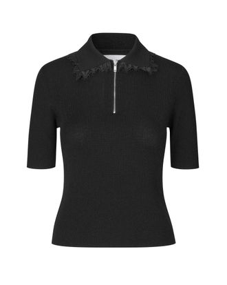 Sams&oslash;e & Sams&oslash;e Black Sanelly Ribbed Lace-Trim Polo Shirt