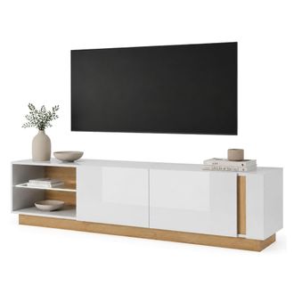 Dmora Mueble Para Tv Kahadada, 2 Estantes, 2 Puertas, Estante De Vidrio, 188x40x46h Cm Marr&oacute;n Roble Nudos
