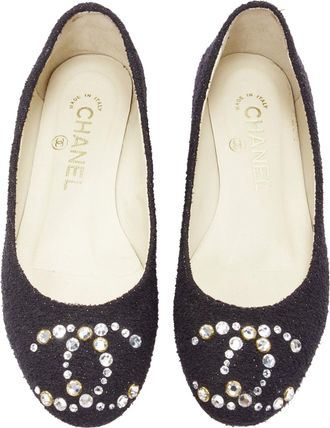 Chanel Tweed Crystal CC Embellished Logo Round Toe Flat Shoes