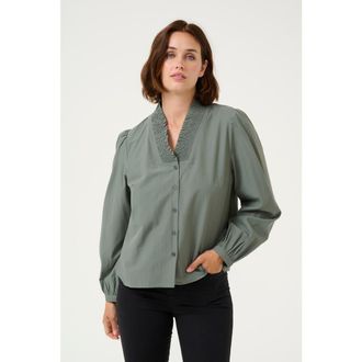 Kaffe KAmaia V-neck Pleats Long Sleeve Shirt in Balsam Green at Nordstrom, Size 12