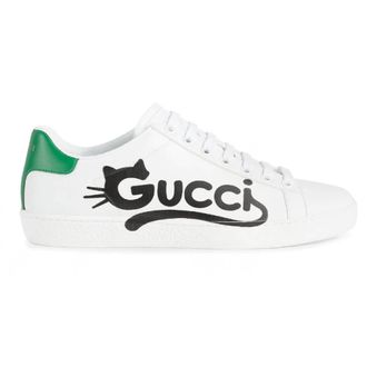 Gucci Schoenen, Dames, Wit, 37 EU, Leer, Kitten-Logo Low-Top Sneakers