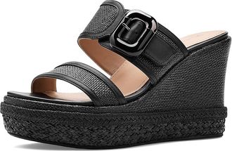 Johnston & Murphy Addison Buckle Strap Wedge Womens Sandals Black Raffia/Nappa Leather : 9.5 M