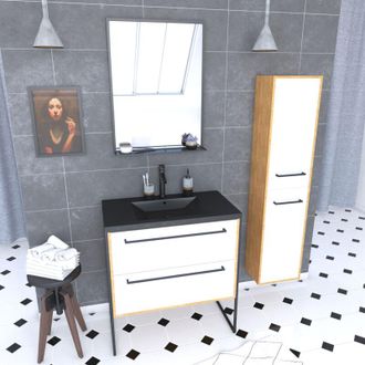 Aurlane Mueble De Ba&ntilde;o 80x50cm - Lavabo Negro 80x50cm - 2 Cajones - Columna -espejo