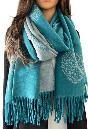 The Accessory Co. Cashmere Tree Life Blanket Scarf - Gift Boxed Pashmina Shawl, Warm Womens Scarf, Large Long Scarf, Tree of Life Print (Teal Grey - Gift Boxed)