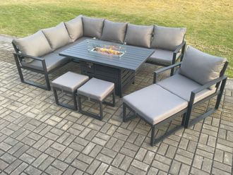 Fimous Aluminium 9 Pieces Garden Furniture Corner Sofa Set with Cushions Gas Fire Pit Dining Table Set with Chair 3 Footstools Dark Grey