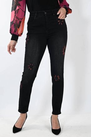 Frank Lyman Design Bettany Painted Foral Denim Jeans In Black And Magenta