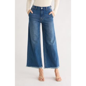 Alice & Olivia Emory High Waist Fray Hem Wide Leg Jeans in Lola Blue at Nordstrom Rack, Size 25