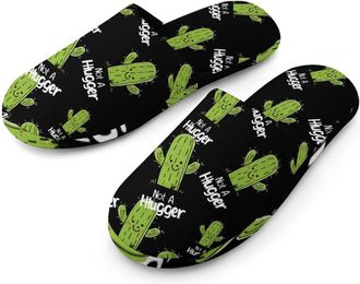 Generic Not A Hugger Funny Cactus Flannel Mens Slip-on Slippers Winter Warm House Shoes with Rubber Sole for Home Hotel