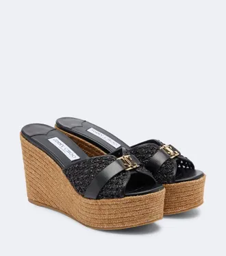 Jimmy Choo London Leda leather-trimmed raffia wedge mules