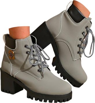 Generic Womens Ankle Combat Boots Chunky Lace Up Booties Platform High Heel Fashion Autumn Winter Shoes Lug Sole Round Toe Casual Waterproof Non Slip Riding M