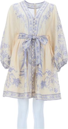 Zimmermann Indra Plunge Puff Sleeves Floral Linen Mini Dress