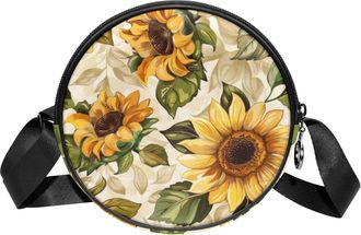 Generic Circle Crossbody Bag for Women, Sunflower Small Sling Bag Daypack with Zipper Adjustable Shoulder Straps Casual Ladies Girls Round Purse