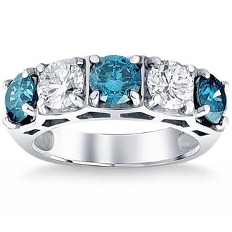 Pompeii3 3 1/4Ct TW Five Stone Blue Diamond Wedding Ring 10k White Gold Lab Grown Band