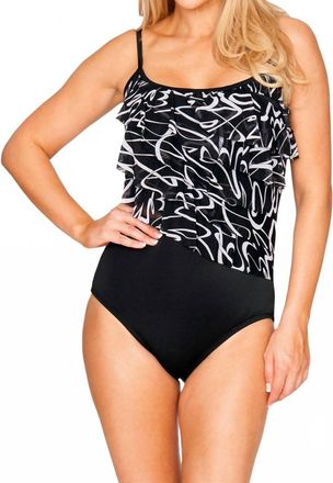 Longitude Noon Tide Mesh Six Tier One Piece Swimsuit In Lgt Black And White