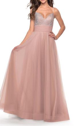 La Femme Tulle Gown with Full Skirt and Rhinestone Bodice in Dusty Mauve at Nordstrom, Size 10