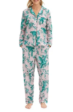 Desmond & Dempsey Long Sleeve Cotton Pajamas in Parrot Pink/green at Nordstrom, Size X-Small