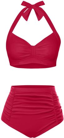 Holipick Women High Waisted Bikini Set Two Piece Swimsuit Tummy Control Bathing Suit Vintage Halter Swimwear, Red Crimson, Large