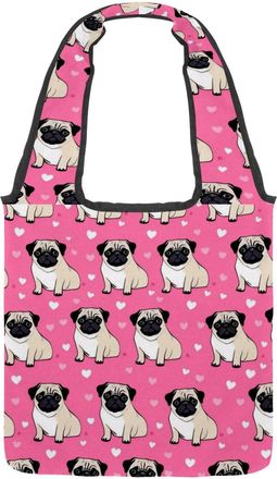 Generic Pug Dogs Reversible Canvas Shoulder Tote - Double-Sided Print, 12oz Cotton, 27cm Drop, Fold-Flat Bag for Travel, Shopping, Street Outings
