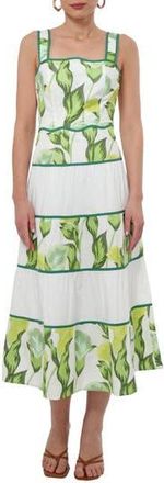 Adelyn Rae Floral Colorblock Tiered Cotton Midi Dress in White/Multi at Nordstrom Rack, Size Medium