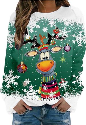 Generic Christmas Jumpers for Women Funny Ugly Christmas Sweater Reindeer Snowflake Print Loose Fit Long Sleeve Tunic Top Womens Xmas Jumper Pullover Green