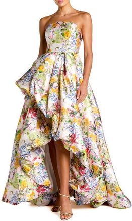 Mac Duggal Multicolor Strapless Floral High Low Bubble Hem Gown in Pastel Multi at Nordstrom, Size 14