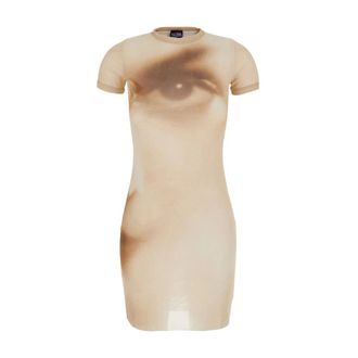 Jean Paul Gaultier Kleedjes, Dames, Beige, S, Leer, Korte jurk met gezichtsprint