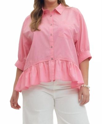 Entro Quarter Sleeve Button Down Ruffle Hem Blouse - Plus In Pink