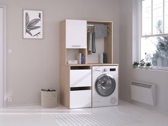 Vente-Unique Washing Machine Cabinet With Wardrobe & Cupboards - Light Natural in Light Oak
