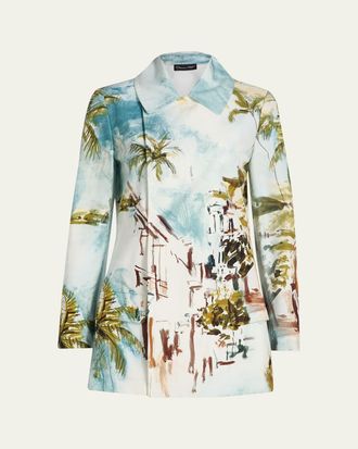 Oscar De La Renta Long-Sleeve Landscape-Print Double-Breasted Jacket