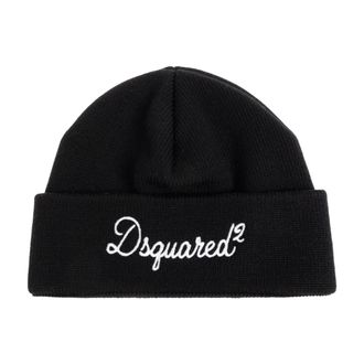 Dsquared2 Beanies, male, Black, Size: ONE SIZE Wool Beanie with Embroidered Logo
