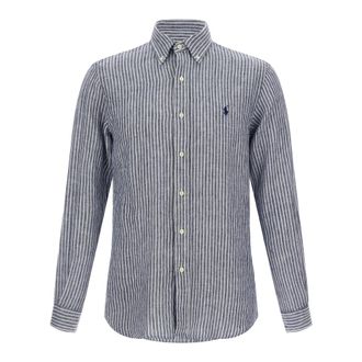 Polo Ralph Lauren Custom Fit Gestreepte Linnen Overhemd - Heren - Casual Overhemden - Blauw - M - Linnen - Overhemden