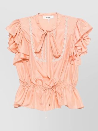 Chlo&eacute; silk sleeveless ruffled lace trim pussy-bow peplum blouse