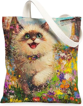 Generic Spring Ragdoll Cat Canvas Tote Bag for Shopping 13x15, Country Garden Kitten Reusable Grocery Print Pattern Bag for Women, Fun Flower Pet Beach Aesthe