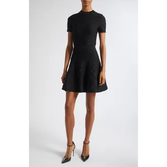 Balmain Diamond Jacquard Fit & Flare Mini Sweater Dress in 0Pa Black at Nordstrom, Size 34