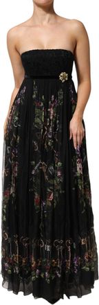 Dolce & Gabbana Black Floral Key Print Crystal Strapless Womens Dress