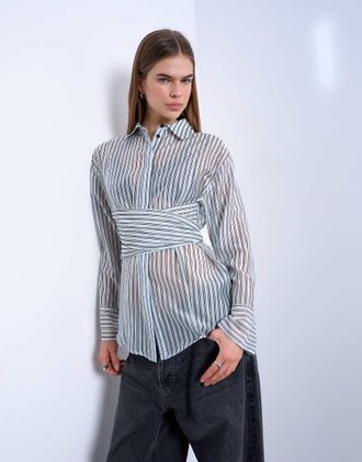 Topshop Camicia blu a righe trasparente allacciata in vita