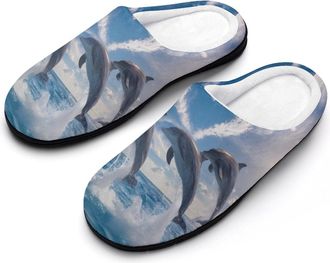 Generic Jumping Dolphins Blue Ocean Mens Slippers Comfortable And Non-slip Cotton Slipper Shoe for House