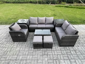 Fimous Outdoor Garden Furniture Sets 8 Pieces Wicker Rattan Furniture Sofa Sets with Rectangular Coffee Table Loveseat Sofa 2 Small Footstools