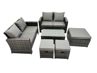 Fimous Lounge Double Seat Sofa Coffee Table Set with 3 Stool in Dark Grey